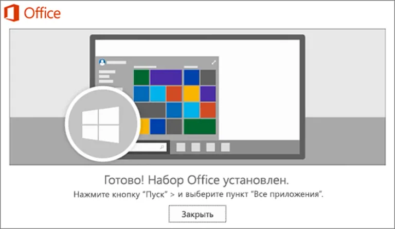 После появления надписи «Готово! Набор Office установлен» нажимаем «Закрыть»