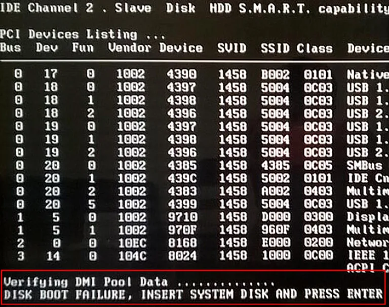Сообщение со словами «Disc Boot Failure…» в загрузочном меню указывает на ошибку системного жесткого диска