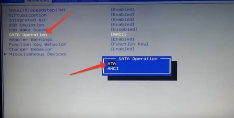 Выбираем «SATA Operation», выставляем режим «ATA» или «IDE», нажимаем «Enter»