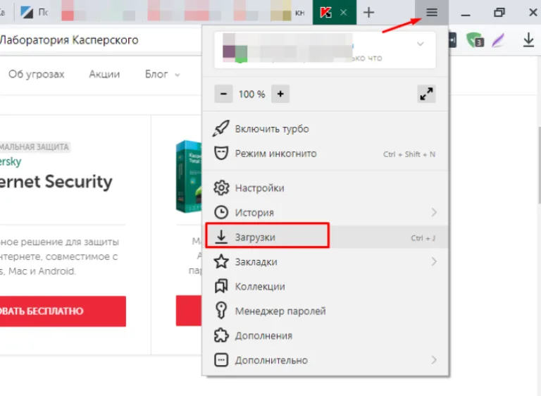 Кликаем по иконке меню настроек браузера, затем по строке «Загрузки»