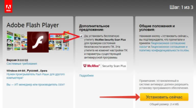 Снимаем галочку с McAfee, нажимаем «Установить сейчас»