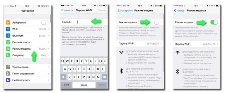 Устанавливаем пароль и активируем «Режим модема»