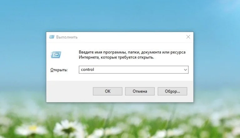 В окне «Выполнить» вводим команду, чтобы вызвать «Панель управления»