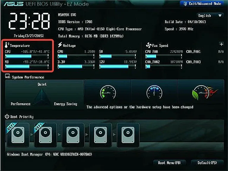 На главном экране BIOS UEFI в разделе «Temperature» смотрим в пунктах значение температуры