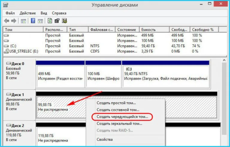 В «Управлении дисками» выбираем нужный диск, открываем правым кликом контекстное меню и выбираем «Создать чередующийся том...»