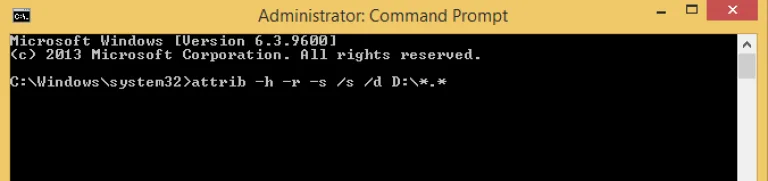 Вводим перед командой chkdsk следующую команду «attrib –h –r –s/s /d X: *.*» и нажимаем «Enter»
