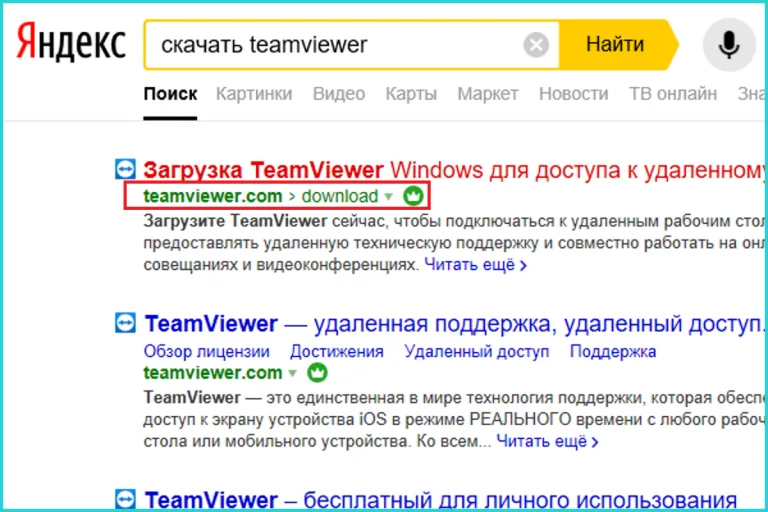 Задаем в поисковую систему запрос «скачать TeamViewer», переходим по первой ссылке на сайт разработчика