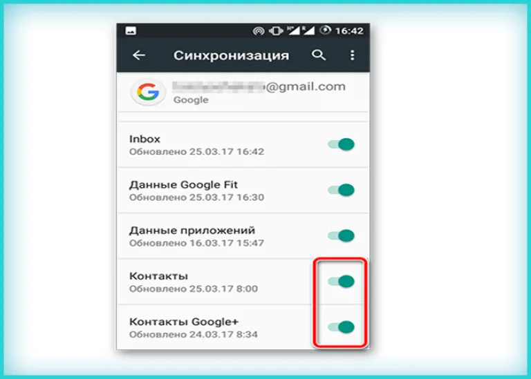 Проверяем ползунки в опциях «Контакты» и «Контакты Google+», чтобы они были активными