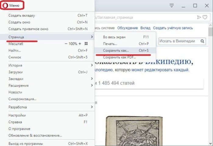 Открываем «Меню», щелкаем по пункту «Страница», затем «Сохранить как»