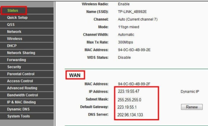 Щелкаем по закладке «Status» и в разделе «WAN» читаем «IP Address»