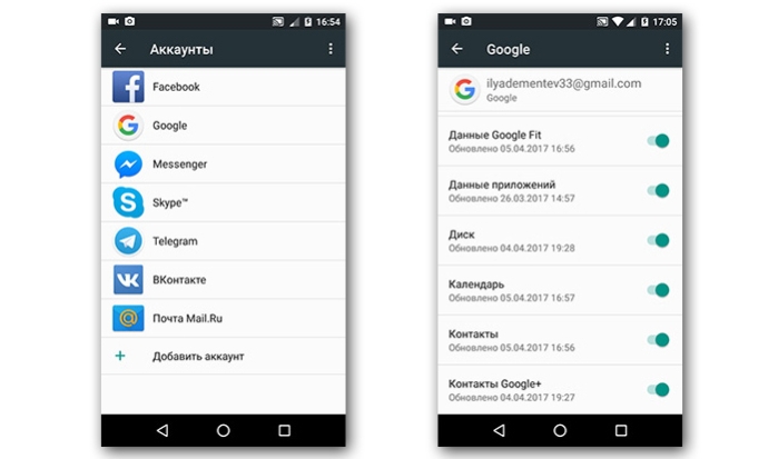В Google активируем пункт «Контакты»