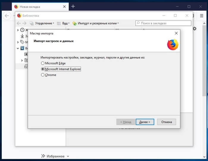 Выбираем «Microsoft Internet Explorer» и нажимаем «Далее»