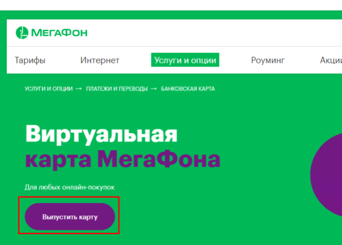На официальном сайте в «Услуги и опции» находим раздел «Банковская карта», нажимаем «Выпустить карту»
