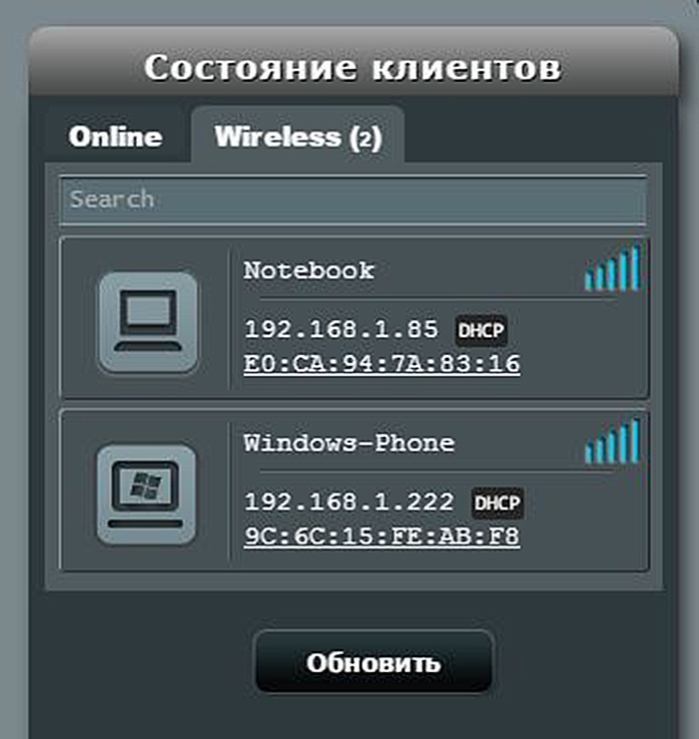 Список подключенных устройств к роутеру
