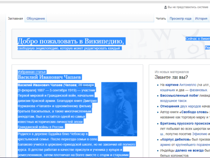 Выделяем нужную область левой кнопкой мышки или нажимаем одновременно клавиши «Ctrl+A», чтобы выделить всю страницу