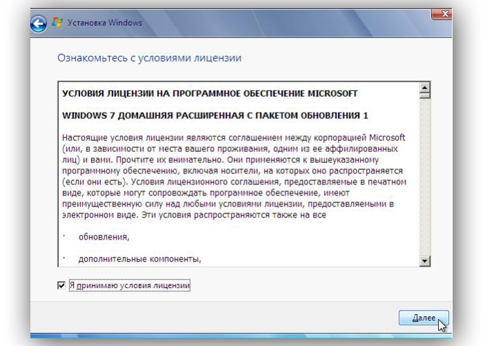 Выставляем пометку «Я принимаю...» и щелкаем «Далее»