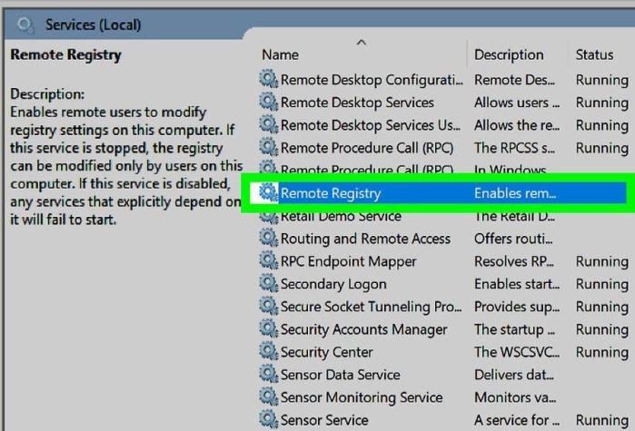 В «Службы Windows» находим службу «Remote Registry»