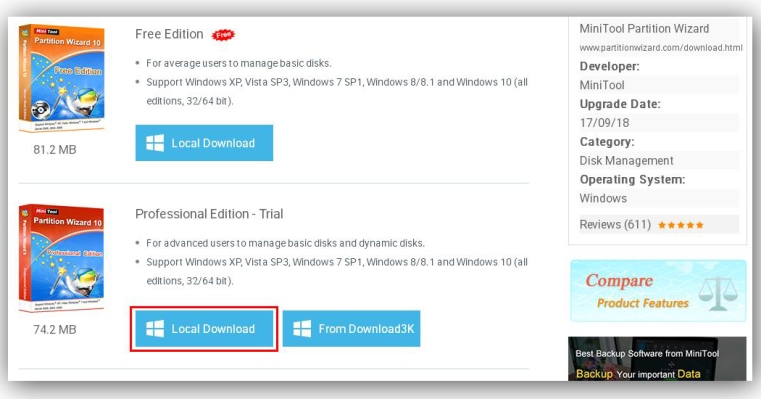Загружаем Minitool Pro, щелкнув по «Local Download»