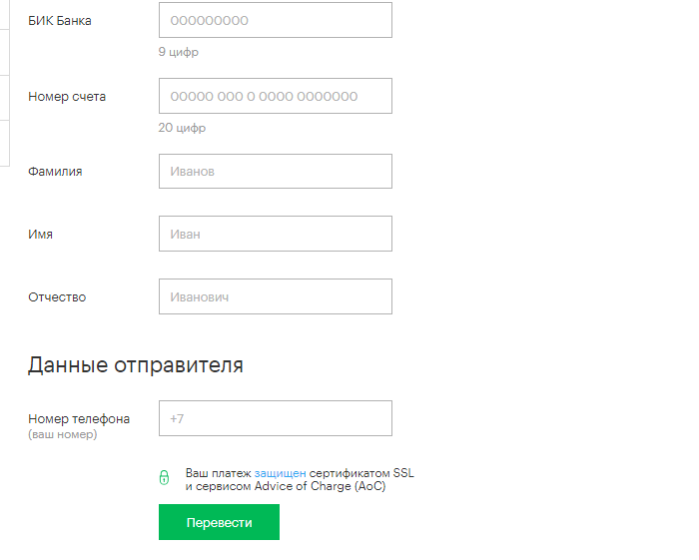 Заполнив все поля, нажимаем «Перевести»