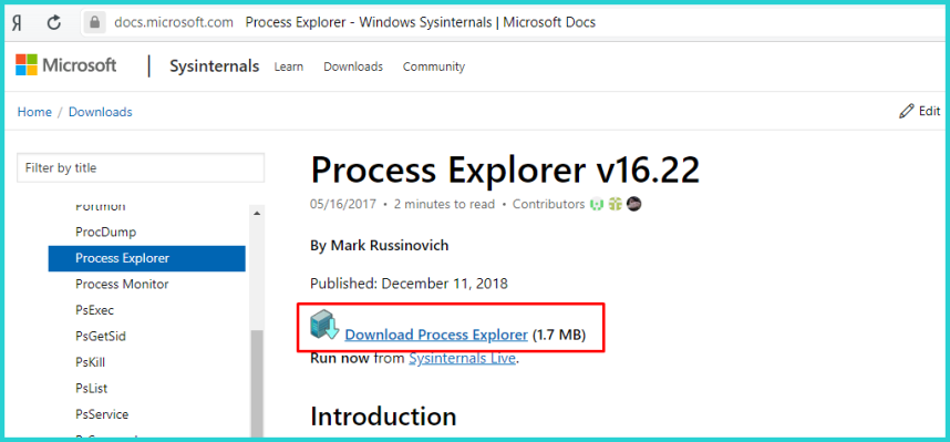 Щелкаем по ссылке «Download Process Explorer»