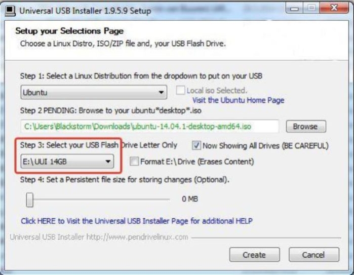 Выбираем USB-накопитель из раскрывающегося списка в разделе «Step 3»