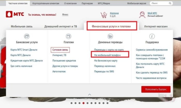 Нажимаем по вкладке «Финансовые услуги и платежи», затем переходим в пункт «На мобильный телефон»