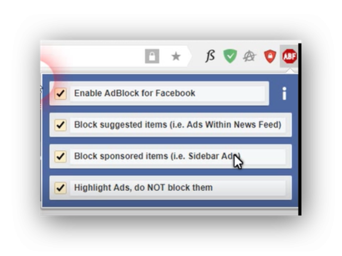 Нажимаем на значок ABF, снимаем отметки с пунктов «Enable Adblock for Facebook», «Block suggested items», «Block sponsored items»