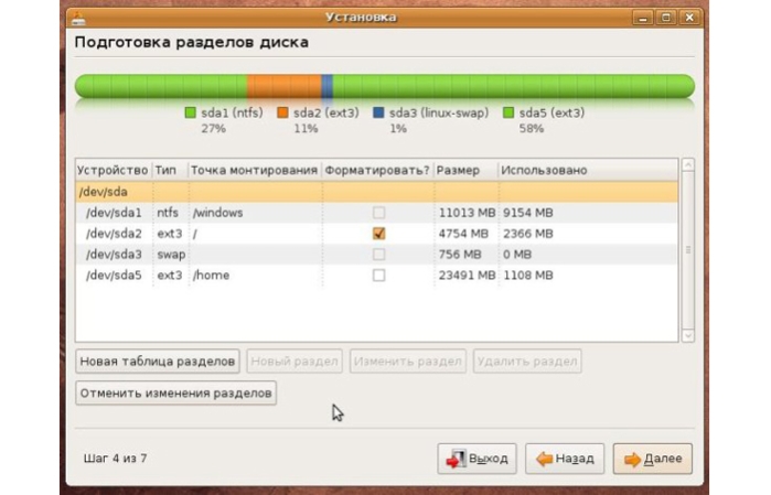 Разметка раздела с помощью установщика Linux