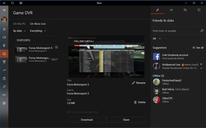 Интерфейс программы Windows 10 Game DVR