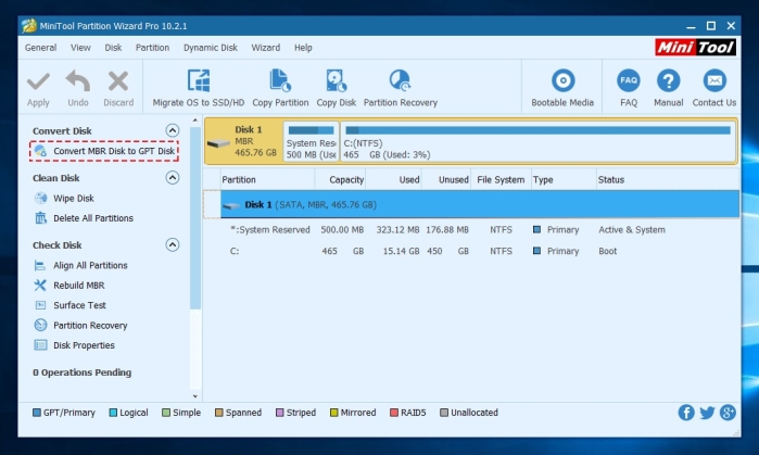 Выбираем диск и щелкаем слева «Convert MBR Disk to GPT...»