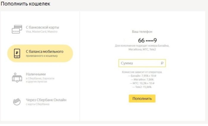 Пополнение Яндекс.Кошелька с мобильного номера