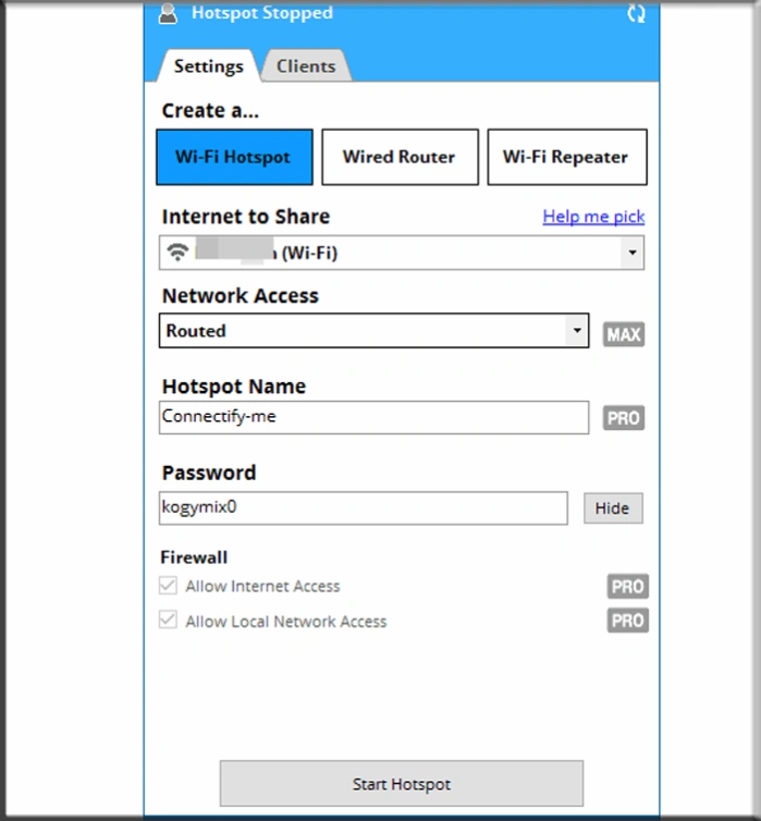 Вводим данные, нажимаем «Start Hotspot»