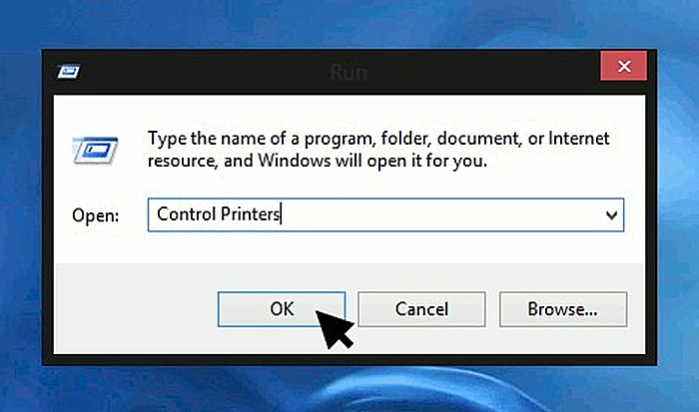 Печатаем в окне «control printers» и нажимаем «OK»