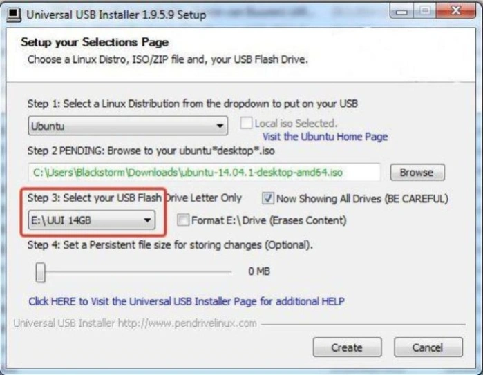 Выбираем USB-накопитель из раскрывающегося списка в разделе «Step 3»