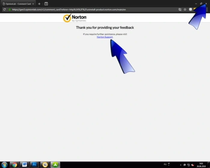 Для получения помощи технической службы щелкаем по строке &laquo;Norton Support&raquo; или закрываем браузер