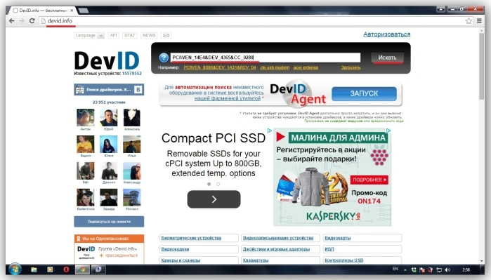В строке браузера вводим «devid.info»