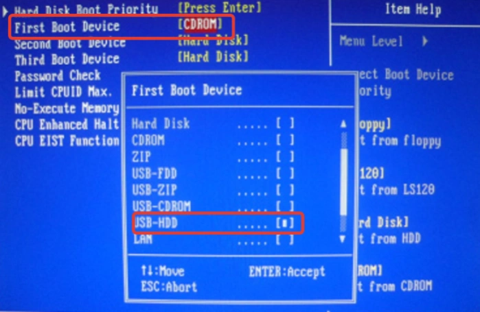 Выбираем строку «First Boot Device», нажимаем «Enter», выбираем из списка «USB-HDD»