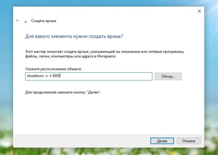 Вводим команду «shutdown -s -t 3600»