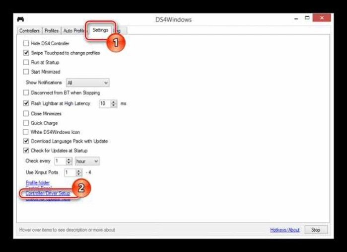 Открываем вкладку «Settings», затем выбираем «Controller/DriverSetup»
