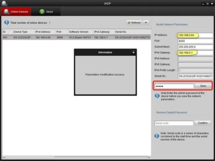 В полях «IP Adress» и «IPv4 Gateway» указываем требуемые IP, вводим пароль 12345 , нажимаем кнопку «Save»