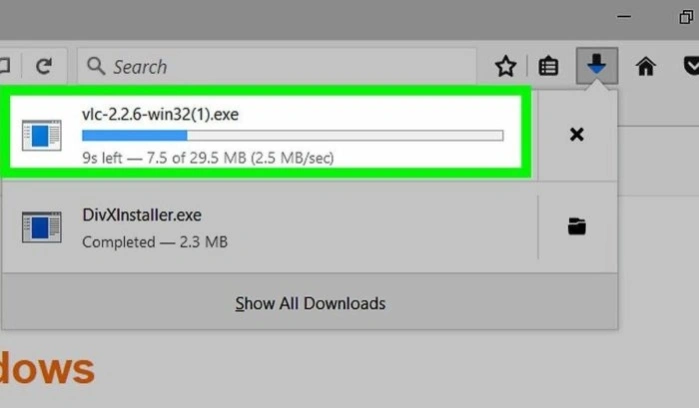 Происходит загрузка файла установки VLC