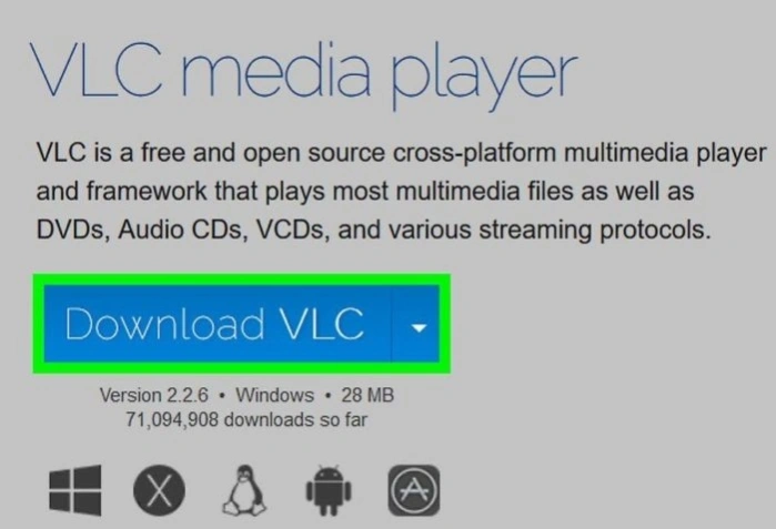 Нажимаем синюю кнопку в центре страницы «Загрузить VLC»