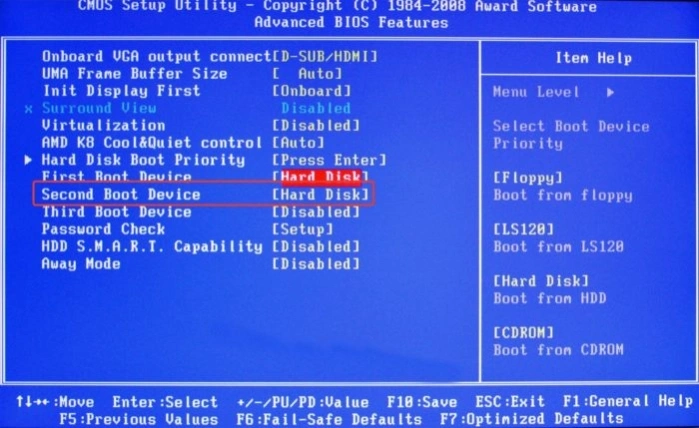 Вторым устройством в пункте «Second Boot Device» устанавливаем «Hard Disk»