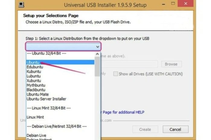 В разделе «Step 1» раскрываем список, выбираем «Ubuntu»
