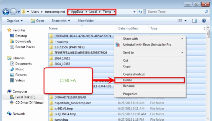 Нажимаем на клавиатуре «Ctrl+A», выделив все файлы, щелкаем на выделенных файлах правой кнопкой мыши и левой кнопкой на пункте «Delete» («Удалить»)