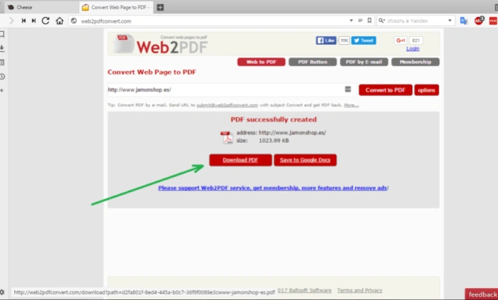 Интерфейс онлайн-сервиса Web2pdfConvert
