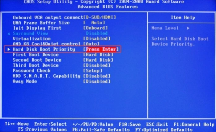 Стрелкой вниз перемещаемся к пункту «Hard Disk Boot Priority», нажимаем «Enter»