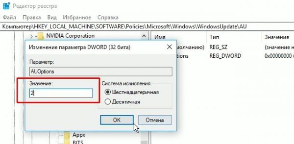 Создаем 32-разрядное значение DWORD под названием «AuOptions» в разделе «Value Data» типа 2, нажимаем «Ok»