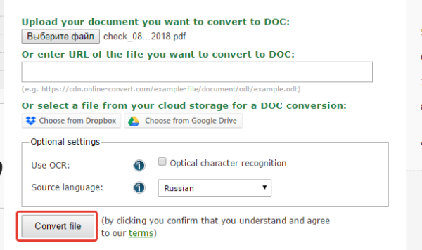 Кликаем на кнопку «Convert file»