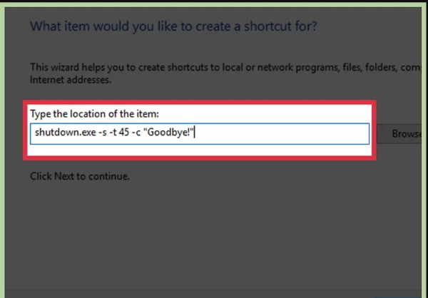 В поле вводим следующую команду «shutdown.exe -s -t 00 Goodbye»